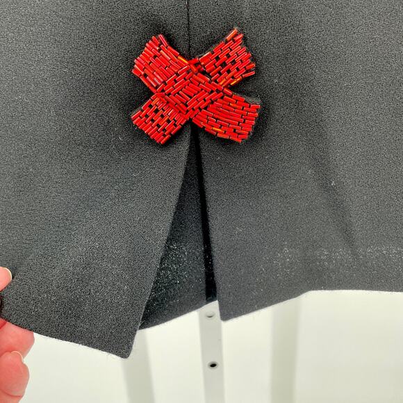 Vintage Anya Black Wool Lined Back Vent Red Beaded Bow Pencil Skirt Size 12 - Picture 3 of 12